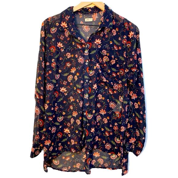 HOLLISTER Blouse Women’s Medium Button Navy Blue Sheer Pink Floral High Low. - Picture 1 of 12
